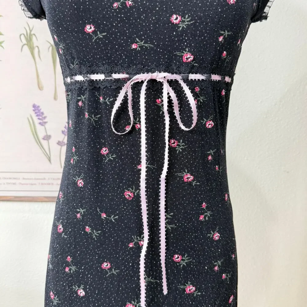 90s Y2k Floral Glitter Slinky Stretch Babydoll Dress Romantic Coquette Dolly S - Picture 4 of 7